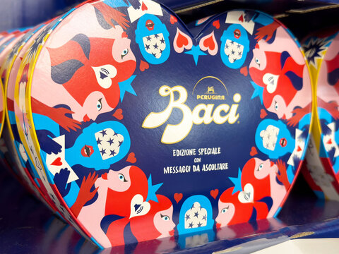Heart-shaped baci perugina chocolate box with colorful art design