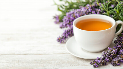 Enjoying a warm cup of lavender tea beside fresh lavender flowers