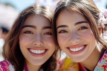 Fototapeta premium Two cheerful women dressed in eye-catching kimonos smiling wide amidst a backdrop of blooming cherry blossoms, signifying joy and cultural beauty in springtime.