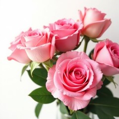 Fototapeta premium Elegant pink rose bouquet, lush blooms, white background, wedding, romantic