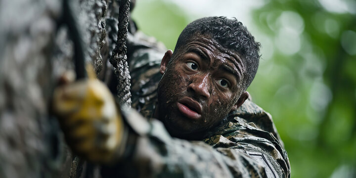 Mud-Covered Soldier Ascending Obstacle