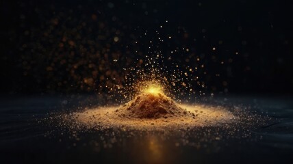 A Dramatic Close-Up of Golden Dust Particles Emanating from a Central Mound, Capturing Light in a Mysterious Dark Setting, Ideal for Evoking a Sense of Wonder and Intrigue in Creative