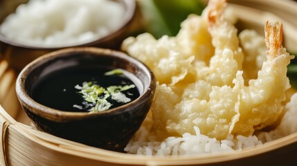 Close-up of rice and Japanese tempura with dipping sauce in a bamboo tray, emphasizing crispy and light texture. Ideal for Japanese cuisine and appetizer dishes.