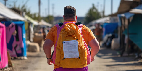 Person with Backpack Walking Through Refugee Camp