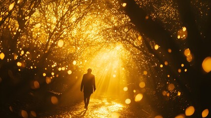 A person walking along a forest trail, the golden sunlight streaming through the trees creating patterns on the ground