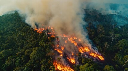 A large fire burns in the heart of a dense forest, with flames and smoke rising into the air