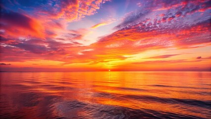 Serene morning over calm sea with vibrant orange and pink hues as sunrise slowly rises above water horizon , nature, ocean,  nature