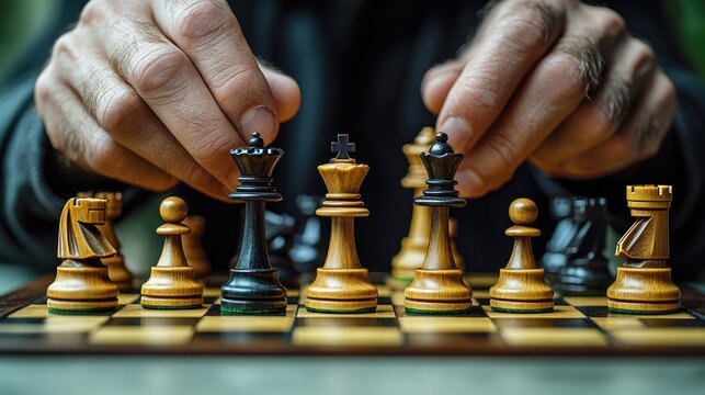 A close-up shot of a person focusing on a chess game