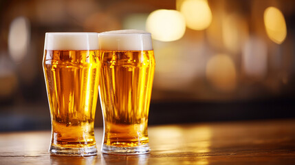 Two glasses of golden beer with foam, set against a blurred bar background.