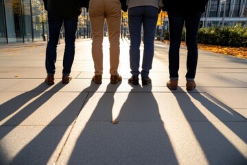 A silhouette of four individuals walking in a cityscape, their shadows stretching long on the pavement, evokes feelings of connection, community, and the urban experience.