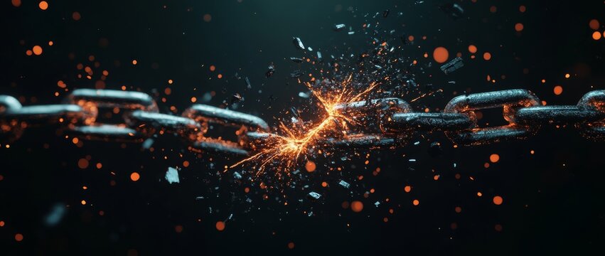 Broken chain symbolizing freedom and resilience with a dynamic, close-up view against a dark background