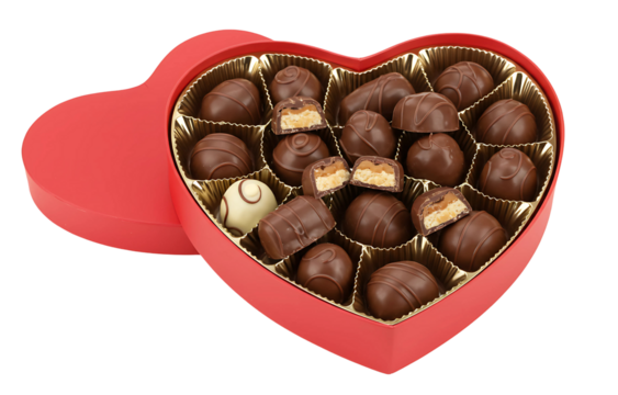 Heart-Shaped Chocolate Box with Assorted Filled Chocolates on White Background