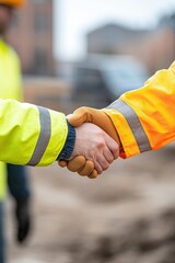 Two construction workers wearing brightly colored safety gear are shaking hands at a construction site, symbolizing teamwork and collaboration.