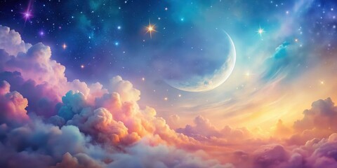A stylized sky with a crescent moon and stars, surrounded by swirling clouds of pastel colors