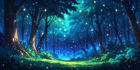 Magical glowing forest canopy under stars on anime background