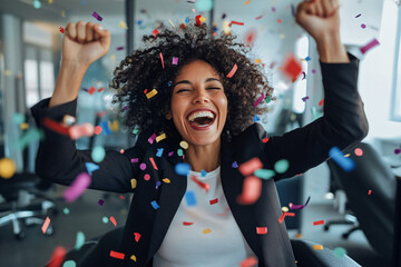 A confident businesswoman in a black blazer, exuding happiness while celebrating a career milestone in a vibrant office scene with confetti