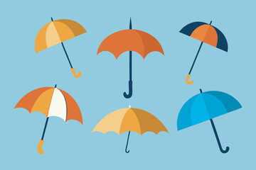 Fototapeta premium Cheerful multicolored umbrellas on a blue background. Ideal for children's rooms, covers of weather books, advertising of children's goods, design of greeting cards.