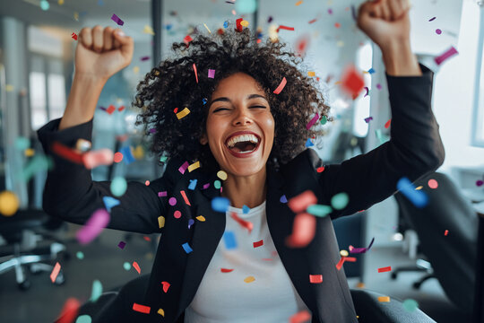 A confident businesswoman in a black blazer, exuding happiness while celebrating a career milestone in a vibrant office scene with confetti