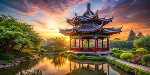 Obraz premium Serene Chinese Pavilion at Sunrise: Elegant Asian Architecture Stock Photo