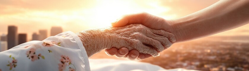 A nurse holding an elderly patients hand, symbolizing emotional bonds, empathy, and tenderness, a moment of care and compassion This image represents the significance of human connection in