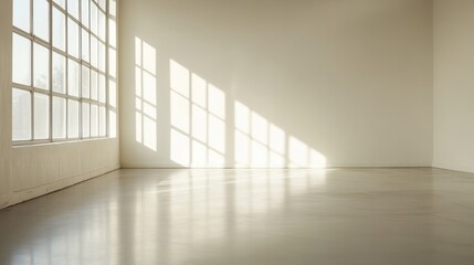 Bright, minimalistic interior space with large windows casting shadows on the floor