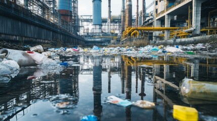 river with plastic and garbage with an industry background