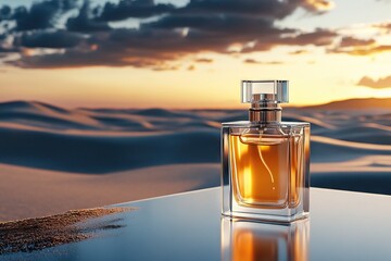 Perfume Bottle Set Against A Dramatic Desert Sunset