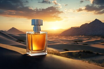 Perfume Bottle In Desert Setting With Sunset View