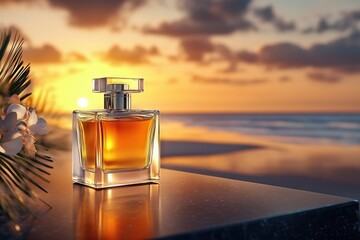 Elegant Perfume Bottle With Sunset Beach Backdrop