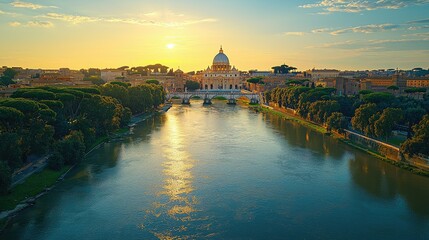 Fototapeta premium Sunset over Rome showcasing Saint Peters Basilica and Tiber River