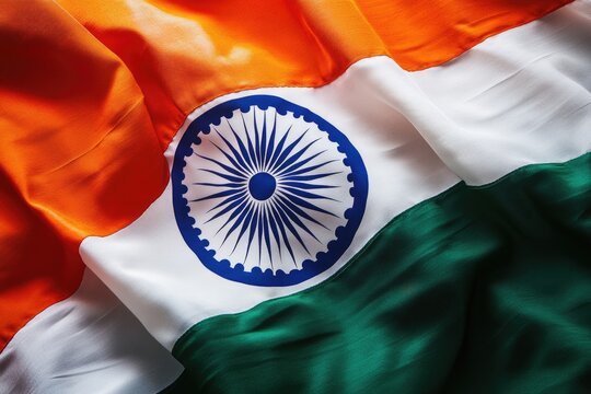 A detailed view of the Indian flag with its three colors and emblem