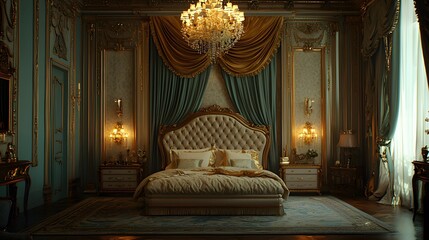 Fototapeta premium A luxurious bedroom with velvet curtains, a tufted headboard, and a chandelier casting soft golden light