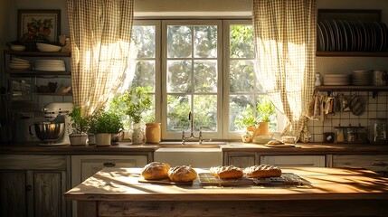 Fototapeta premium A country-style kitchen with a wooden table, fresh bread cooling on a rack, and sunlight streaming through gingham curtains