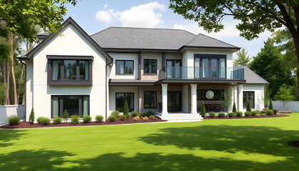 Fototapeta premium Luxury suburban house, large windows, beige exterior, manicured lawn, landscaped garden, two-story home, elegant architecture, residential neighborhood, sunny day, green trees, driveway, high-end real