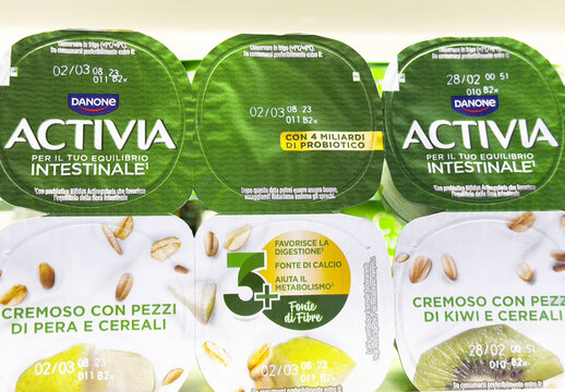 Assorted activia yogurt packs with probiotics and fruits