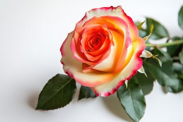 Fototapeta premium A single pink and yellow rose sits atop a clean white table, ready for display or use