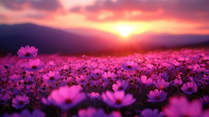 Fototapeta premium Captivating Sunset Over a Beautiful Colorful Meadow Filled With Wild Flowers in Bloom, Creating a Stunning Natural Landscape Scene