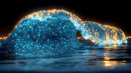 Abstract Glowing Wave: A Dynamic Display of Blue and Gold Particles