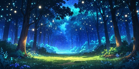 Serene magical forest illuminated by starlit canopy dreamy on anime background