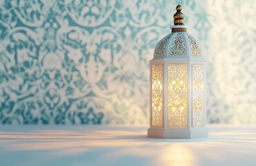 Ramadan background, color white with ample copy space for text or graphics, elegant lantern in the center, soft shadows from the side lights on an empty table, delicate Islamic patterns in light blue 