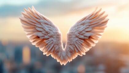 Capture the essence of inspiration with a winged heart soaring above a cityscape, embodying appreciation and admiration, depicted in a dynamic art style This stunning artwork conveys feelings of
