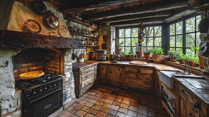 A kitchen with a fireplace in the corner, rustic wooden beams, and fresh pies cooling on the windowsill