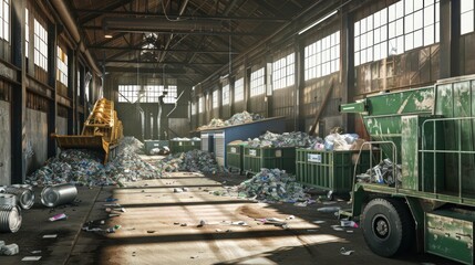 Fototapeta premium Recycling factory with waste conveyor and plastic bottles. Industrial machinery in action, showcasing eco-friendly waste management. Ideal for sustainability and environmental themes.