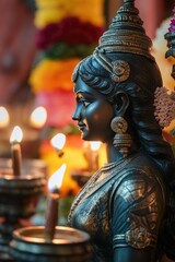 Obraz premium A statue of a woman holding a lit candle, perfect for decorative or symbolic use