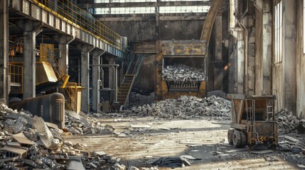 Fototapeta premium Waste processing plant with trash conveyor system. Focus on industrial recycling operations and eco-technology solutions. Perfect for environmental awareness projects.