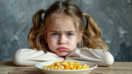 Unhappy girl kid getting bored of food with appetite loss, no hungry habit, eating disorder. World eating disorders action day