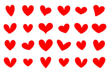 Set of red hearts, stylized hearts of different shapes isolated from the background. Valentine's Day hearts. Vector illustration. Symbols of love, romance and wedding