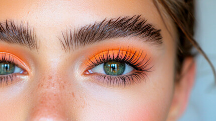 Obraz premium Creative makeup design featuring bold orange eyeshadow and defined brows
