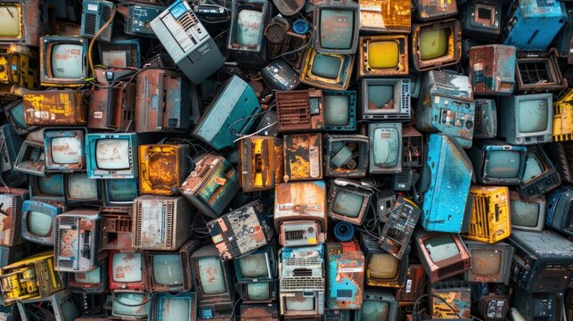 Heap of outdated monitors and electronic devices. Emphasizing e-waste management, technology recycling, and sustainability. Great for ecological content.