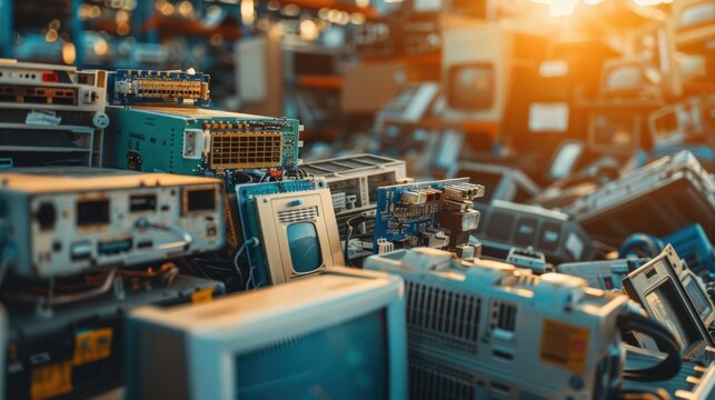 Heap of outdated monitors and electronic devices. Emphasizing e-waste management, technology recycling, and sustainability. Great for ecological content.
